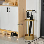 Golden Metal Umbrella Stand, 65cm Freestanding Umbrella Holder with Hooks, Round Base Umbrella Rack for Long & Foldable Umbrellas, Sturdy Iron Umbrella Organizer for Entryway, Home, Office, Hotel
