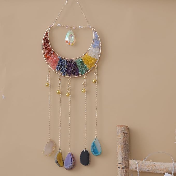 Crystal Stone Agate Ornament Natural Gem Tree of Life Moon Dream Catchers with Crystal 7 Chakra Gemstone Rainbow Catchers Color Natural Gem Agate Wall Hangings Room Dreamcatcher Decor (Multicolor)