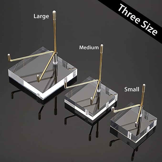 Hipiwe Clear Acrylic Display Stand Holder with Adjustable Metal Arms Display Easel Stands for Gemstones Fossils Minerals Agate Slabs Plates Crystals Saucers Collectibles, 3.1x3.1x4.5 inch