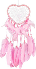 Dream Catcher,Lovely Heart Shape Dreamcatcher Handmade Lace Dream Catcher Feather Bead Wall Hanging Boho Woven Art Ornament Gift Craft Dreamcatcher Wind Chimes for Home Children Bedroom Decor (Pink)