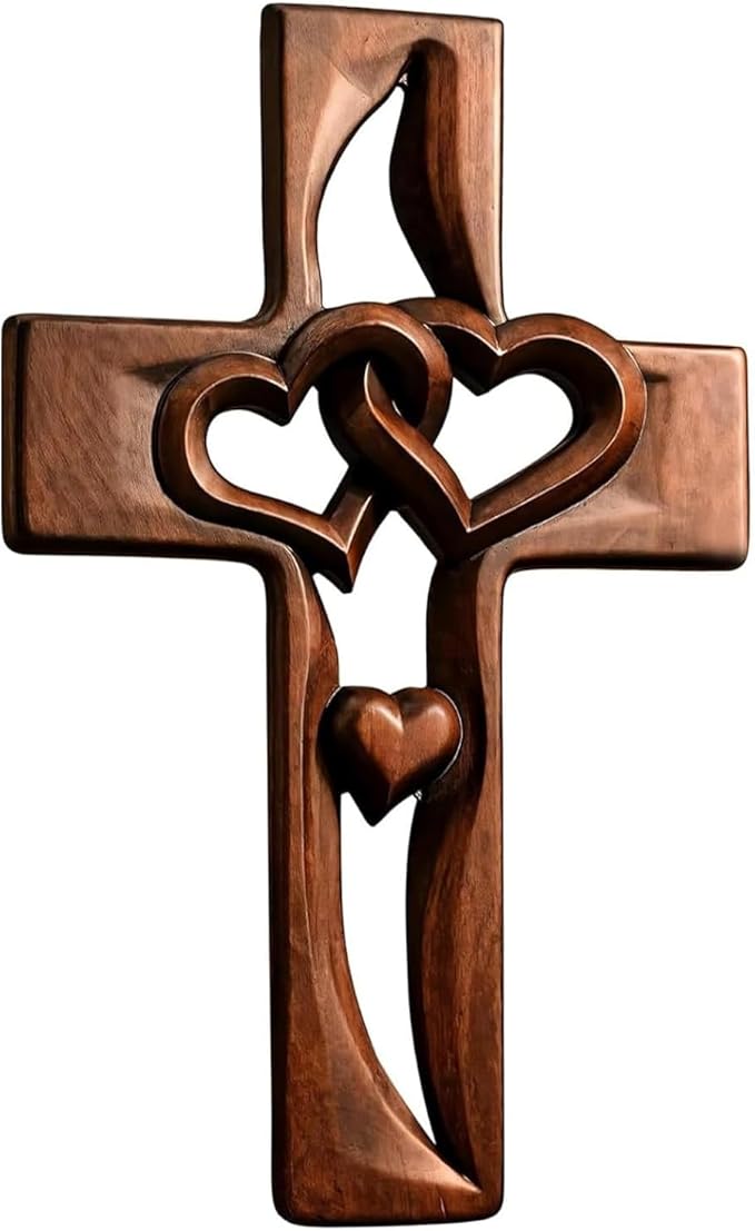 Hand-Carved Intertwined Hearts 9.84 inches Wooden Wall Cross for Wall Sacred, Mothers Day Gifts for Mom ,Handmade Hanging Cross Heart-Shaped Decoration Marriage Wedding Valentine Wood Decorative Gift