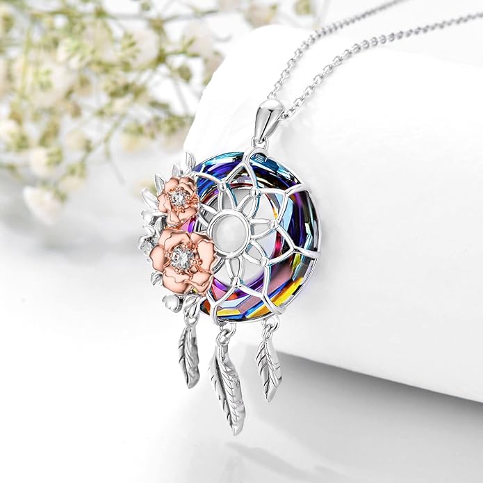 Dream Catcher Pendant Necklace 925 Sterling Silver Synthetic Moonstone Crystal Sunflower Rose Flower Evil Eye Dreamcatcher Cremation Jewelry Gifts for Women Wife Mom
