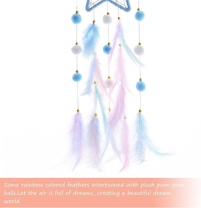 Pretty Jolly Blue Star Kids Dream Catcher Wall Decor Pompom Feather Baby Dreamcatcher Handmade Children Dream Catcher Home Décor Wall Hanging for Nursery Bedroom Boys Girls Birthday Gift-25.6in