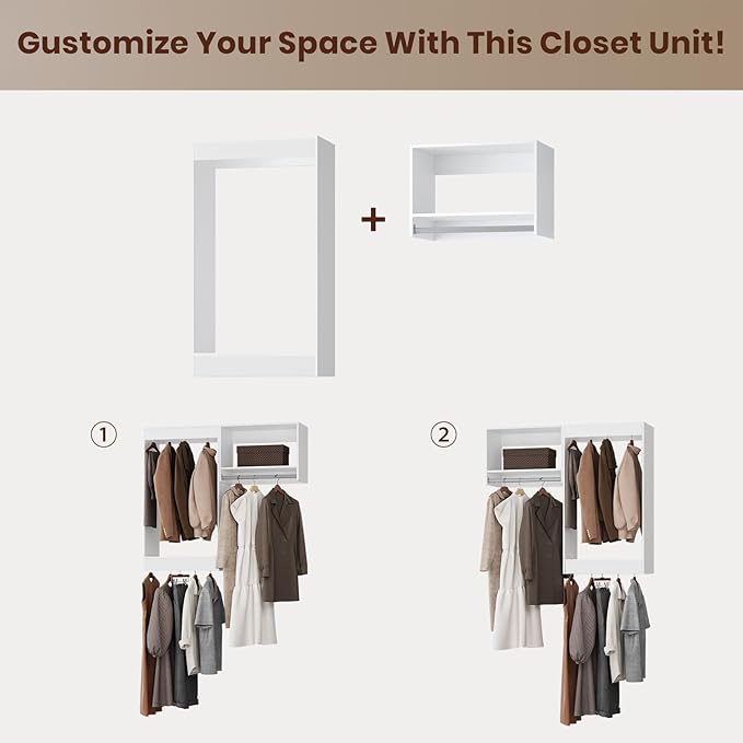 ROOMTEC Modular Closet System, 43" Wall-Mounted Closet Organizer with Hanging Rods, Wooden Tower for Walk-In Closets, Wardrobe Storage Kit, White