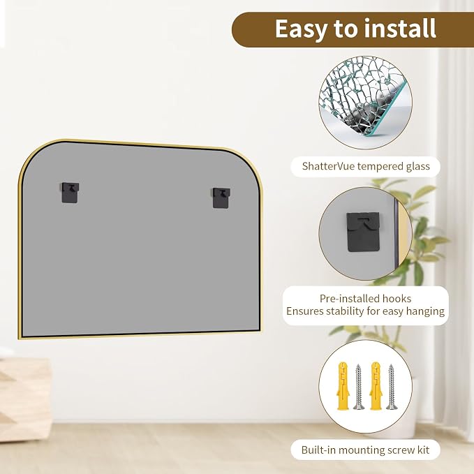 Gold Wall Mounted Bathroom Mirror - 36 x 24 Inch Round Cruved Top Right Angle Bottom Wall Mirror, Aluminum Metal Framed, Decor for Living Room, Bedroom, Fireplace, Mantle, Entryway