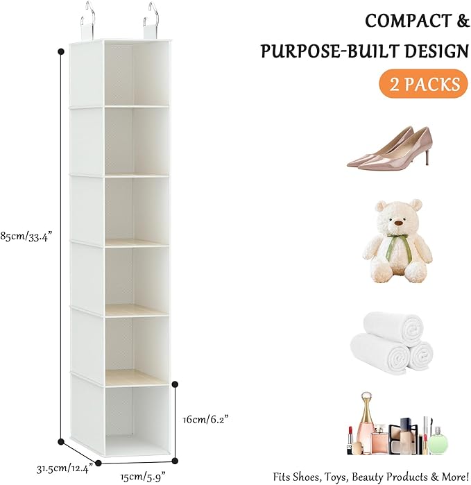 VERONLY Hanging Shoe Shelves - 6 Section,Closet Organizer Set of 2 with Woven Bamboo Shelves,Slim 5.5” Wide Design for Space-Saving Storage,White