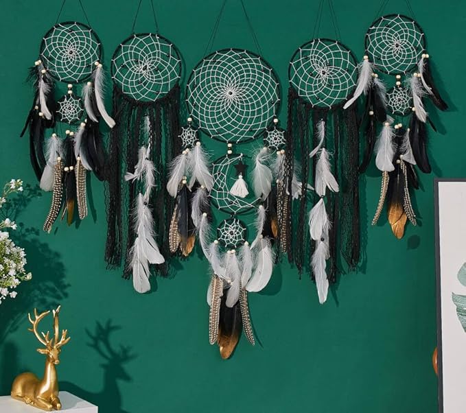 Set of 5 Large Boho Dream Catcher Wall Hanging, Native American Indian Decor, Witchy Macrame Dreamcatcher, DIY Kit for Adults and Kids, Vintage Wall Decor for Bedroom and Wedding