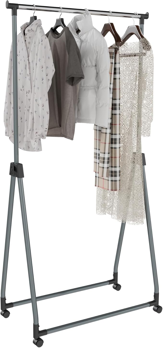 Whitmor Foldable Garment Rack - Rolling Clothes Rack - Adjustable Height Garment Rack, Heavy Duty Foldable Clothes Rack with Adjustable Hanging Rod for Home Office- Silver & Black