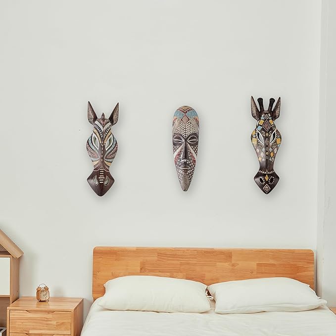 OTARTU 5 by 14 inch African Animal Giraffe Mask Wall Decor Sculpture Hand Carved Geometric on the Surface,Africa Style Wall Plaque