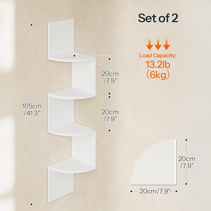HOOBRO Corner Shelf Wall-Mounted, Set of 2 Floating Corner Shelves for Wall, 4-Tier Corner Bookshelves for Living Room, Bedroom, Bathroom, Home Office, White WT25BJP201