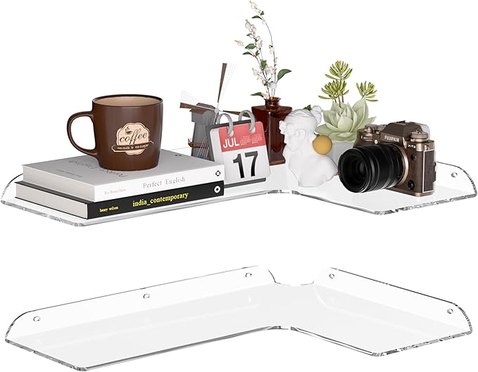 Sezanrpt 11.4x16 Inch Acrylic Corner Floating Shelf Set of 2, Clear Corner Wall Shelf for Home Décor, Speakers, Security Cameras, Toileries, Plants, Figures, Cosmetics, Books