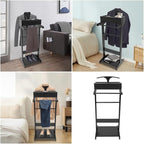 Wood Mens Valet Stand with Top Tray, Drawer, Contour Hanger, Trouser Bar, Shoe Rack, Suit Valet Stand Clothes Rack Clothes Stand for Home Entryway Living Room Office Shopping Mall, Black