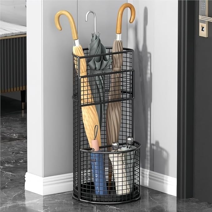 Metal Hollow Drain Rack, Freestanding Umbrella Stand Rack, Umbrella Stand with Water Tray, Multipurpose Umbrella Holder for Entrance, Office(White)