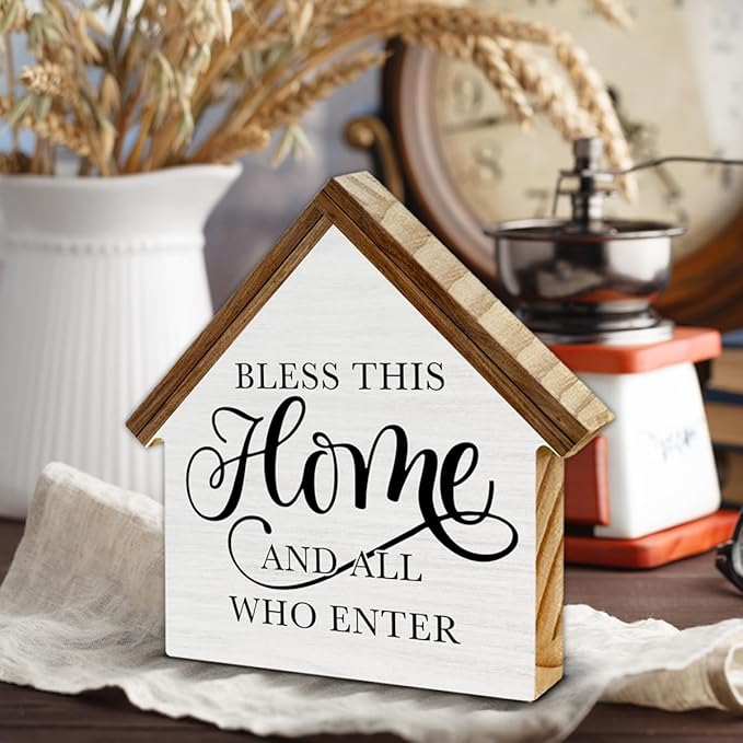 Rustic Home Decor, Bless This Home and All Who Enter House Shaped Wood Family Sign, Farmhouse Living Room Decor