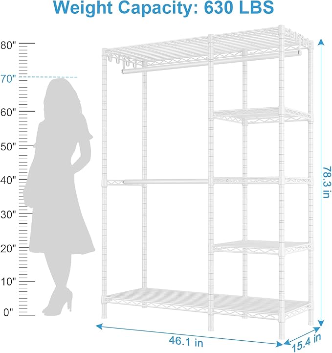 Ulif F2 Clothes Rack, 5 Tiers Heavy Duty Garment Rack for Bedroom, Freestanding Adjustable Closet Storage Organizer, 46.1" W x 15.4" D x 78.3" H, Load 630lbs, Upgraded White