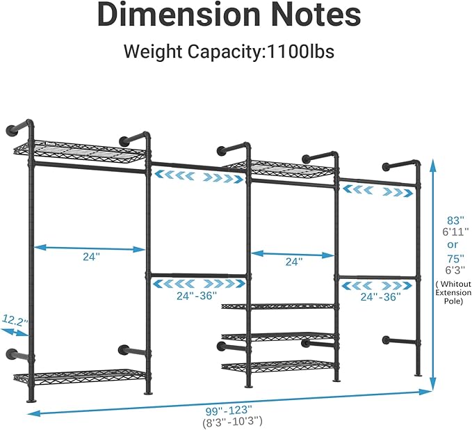 Timate F4 Wall Mounted Clothes Rack Industrial Pipe Clothing Rack for Hanging Clothes, Expandable Garment Rack Heavy Duty Wardrobe Closet Organizer and Storage, Black Adjustable Industrial Closet Kit