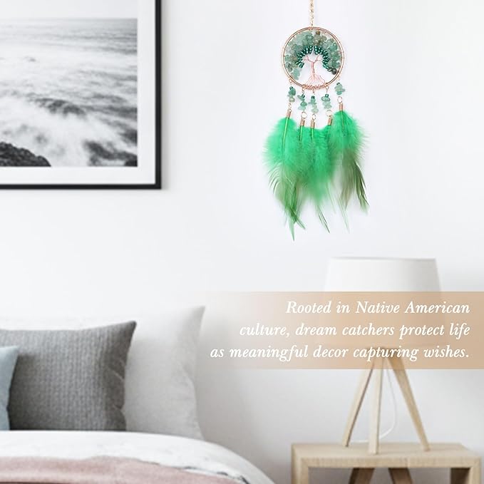 Pretty Jolly Small Tree of Life Crystal Stone Dream Catchers Green Feathers Mini Dreamcatchers for Cars Rear View Mirror Hanging Decoration Good Luck Travel Charm Bedroom Ornaments for Women Girls