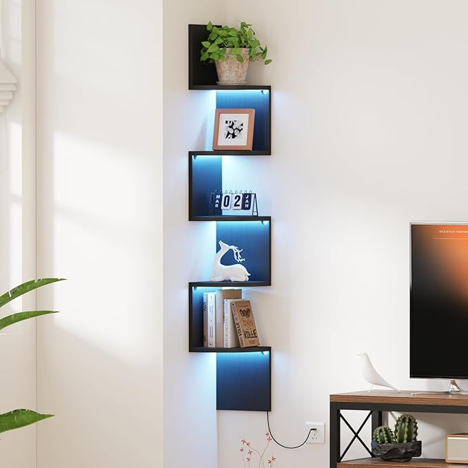 Qupui 5-Tier Tall Corner Shelf with LED Lights, 57 Inch Floating Wall Mounted Corner Shelf for Bedroom Living Room Bathroom, Black Bookshelf Display Stand with RGB Lighting