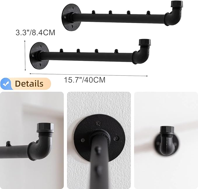 Industrial Wall Pipe Clothes Bar - Heavy Duty Metal Coat Hanger with Hook, Wall-Mounted Garment Holder Racks,Wall Clothing Racks/Hanging Rail, 6Pcs