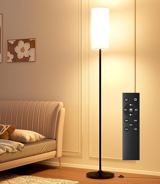 luckystyle Dimmable Floor Standing Tall Lamp, 12W Led Bulb with Lampshade, Foot Switch, Remote Custom Color Temperature Pole for Bedroom, Office, Kids & Living Room, Black