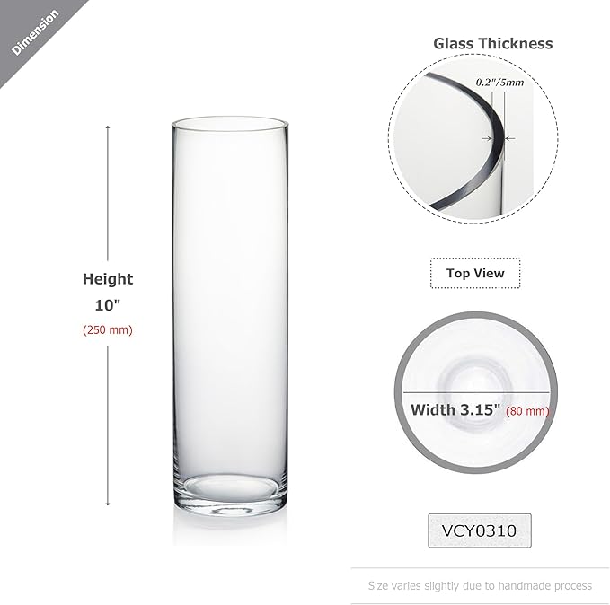 WGVI Quality Thick Weighted Clear Cylinder Glass Vases, 3" W x 10" H, Flower Bud Vase Skinny Narrow Floral Bouquet Container for Wedding Centerpieces Tabletop Pen Brush Holder, 1 Piece