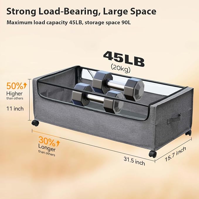 Under Bed Storage with Wheels, Rolling Under bed Storage with Metal Frame, Under Bed Shoe Storage for Space Saving, Zippered Clear Lid, Heavy-Duty Steel Base for Clothes,4XL 90L