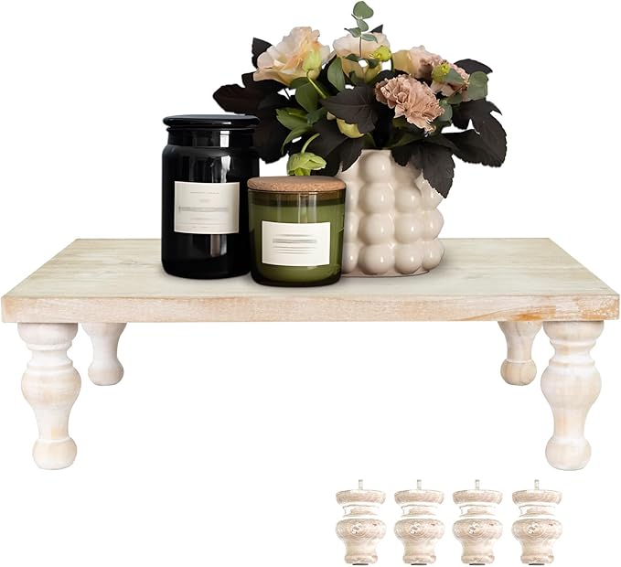 MAONAME Decorative Wooden Display Riser, Farmhouse Wood Pedestal Stand for Display, Rustic Wash White Tray Riser for Kitchen, Home Table Decor, Short and Tall Footed