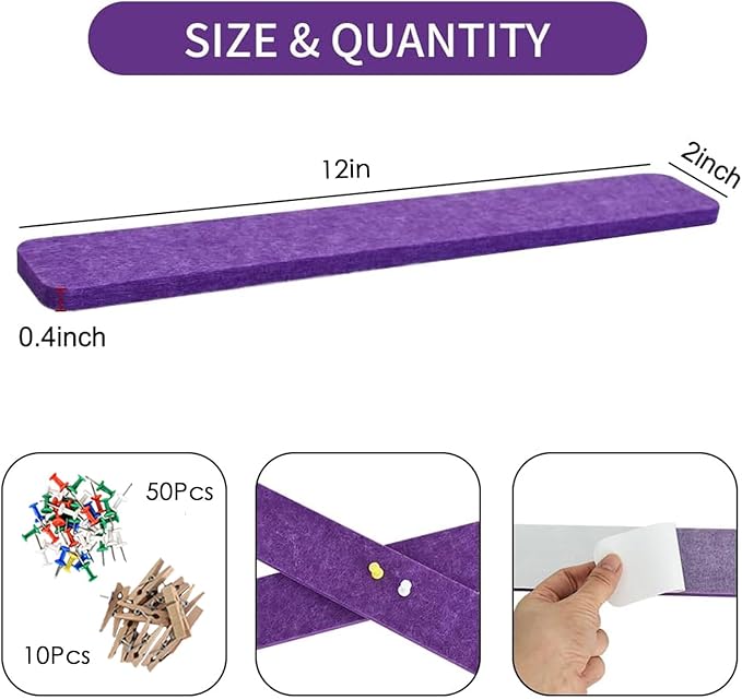 Vuzvuv 8 pcs Bulletin Board Bar Strips with 50 Pushpins & 10 Wooden Clip pins，Self Adhesive Cork Board for Wall，Felt Pin Board for School，Office Decor(Purple)