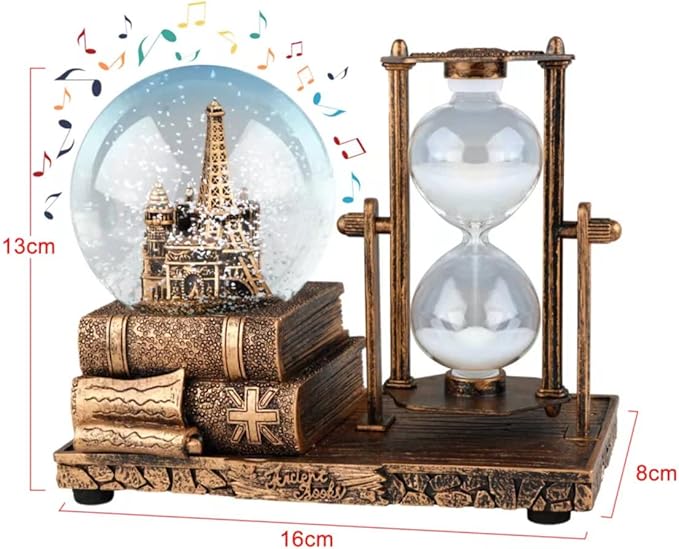 LED MusicCrystal Snow Globe， Sand Timer ，Hourglass,Home Decor,Table Decor for Living Room ，Office Desk Decorations[Brass Tower ]
