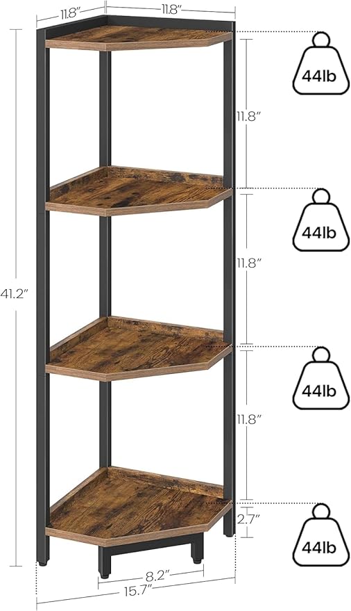 Hzuaneri Corner Shelf Stand, Corner Bookshelf, Storage Standing Shelf Unit with Metal Frame, Plant Stand, Bookcase for Living Room, Home Office, Bedroom, 4-Tier Rustic Brown CS05801B