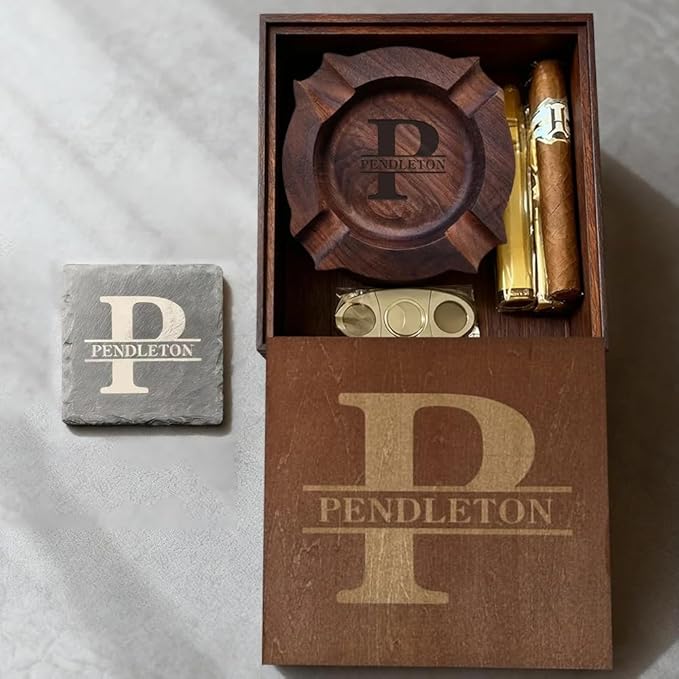 Cigar Ash Tray Set for Men Personalized Name Custom Walnut Wooden Cigar Ashtray Set for Men Father's Day Ashtray Gifts for Husband Fathers Groomsmen Papa Grandpa Outdoor (Fancy Bowl Set)