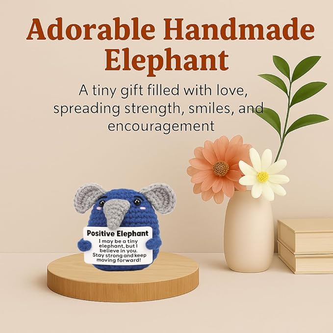 Mini Funny Crochet Elephant Gifts,Cute Handmade Inspirational Gifts for Men, Women, Teens, Friends, Coworkers, Funny Desk Decor for Birthday, Graduation, Office