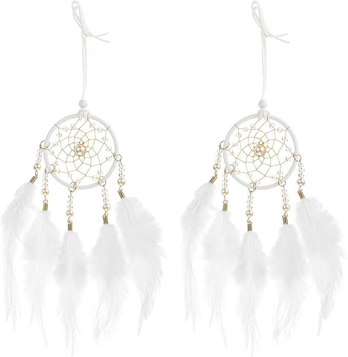 uxcell 2pcs Dream Catchers, Small Handmade Feather Dreamcatcher Supplies Car Charm with Crystal Beads Wall Hanging Decor for Home Car Decoration Ornament Women Friend Gift, White/Silver