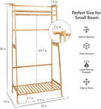 Ufine Bamboo Clothes Hanging Rack with 2 Tier Storage Shelves and 2 Coat Hooks Portable Laundry Rack Cloest Organizer Garment Rack for Bedroom Guest Room