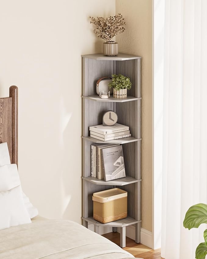 Corner Shelf, 5 Tier Corner Bookshelf, Display Corner Shelf Stand with Storage Rack, Wall Corner Bookshelf for Living Room, Bedroom, Office, Grey