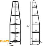 Furnulem 5 Tier Corner Shelf with LED Light, 67.2” Tall Standing Shelf for Wall Corner, Narrow Bookshelf Ladder Shelf for Bedroom, Living Room, Plant, Wood Storage Rack, Metal Frame (Black Oak)