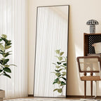 BEAUTYPEAK Full Length Mirror with Stand, 56"x21" Floor Mirror with Aluminum Alloy Thin Frame, ShatterVue Tempered Full Body Mirrors, Free Standing or Wall-Mounted Mirrors for Living Room, Black