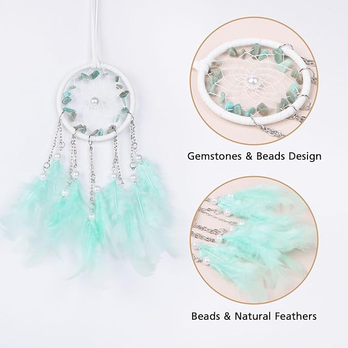 Pretty Jolly Crystal Stone Small Dream Catchers Mint Green Feathers Mini Dreamcatchers with Beads for Cars Rear View Mirror Hanging Decoration Good Luck Travel Charm Bedroom Ornaments for Women Girls