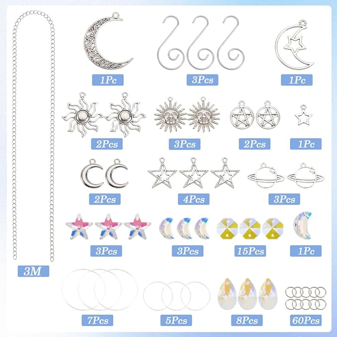 SUNNYCLUE 1 Box DIY 8 Sets Sun Moon Suncatcher Kit Sun Catcher Crystals Vintage Antique Silver Tibetan Style Faceted Ab Colors Rainbow Maker Suncatcher Kit for Birthday Summer Party Favors Gifts Adult