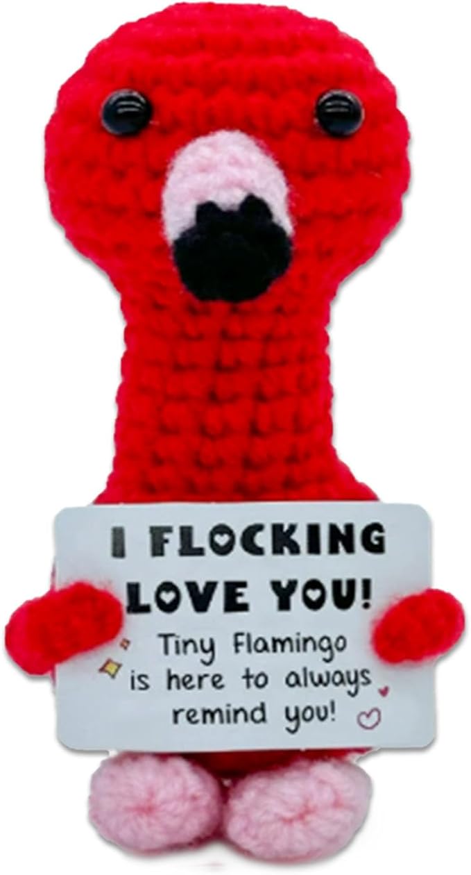 Valentines Day Decor, Positive Flamingo Gifts Love Support, Flamingo Desk Decorations Accessories for Women Men, Crochet Flamingo Doll with Emotional Cards