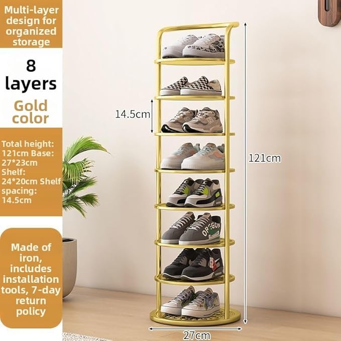 Bamboo Shoe Rack Organizer, 2-10 Tiers, Natural or Tea Color, No-Tool Assembly, Foldable Storage Shelf (Round Eight-Layer Gold)