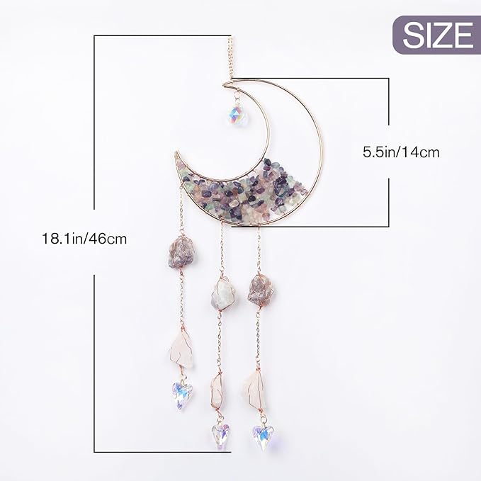 Mini Cobblestone Color Crescent Moon Crystals Sun Catcher Dream Catchers Gemstone Suncatcher with Heart Ornament Handmade Dreamcatcher Wall Decor for Adults Girls Bedroom Wedding Garden Bless Gift