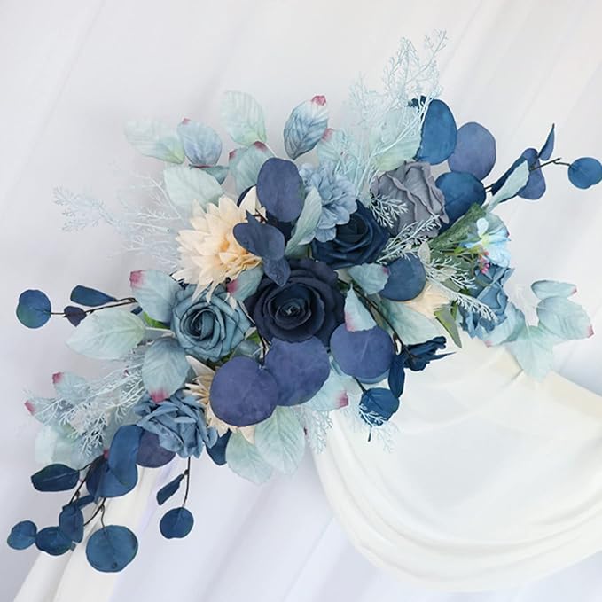 Blue Wedding Arch Flowers Set of 2, Artificial Flower Swag Floral Dusty Decor, Rustic Eucalyptus Greenery for Ceremony Sign Chair, S: 50 x 20cm, L: 70 50cm
