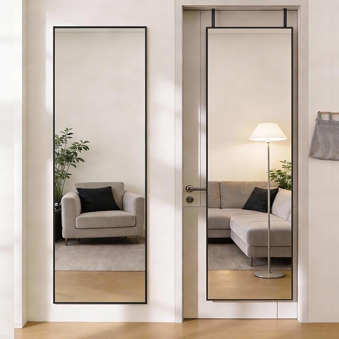 DUMOS 47"x14" Full Length Door Mirror, Full Body Mirror with Aluminum Alloy Thin Frame, Leaning or Hanging, Suitable for Bedroom, Livingroom, Cloakroom, Black