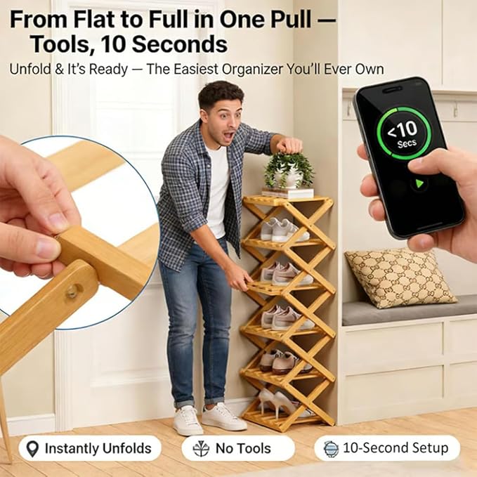 The 9-Tier No-Assembly Bamboo Rack, Foldable Stackable 9 Tier Bamboo Shoe Rack Vertical Storage Sturdy & Stable, Tall Narrow Space-Saving Expandable Shoe Rack for Entryway Closet Dorm (Nature,2 Tiers)