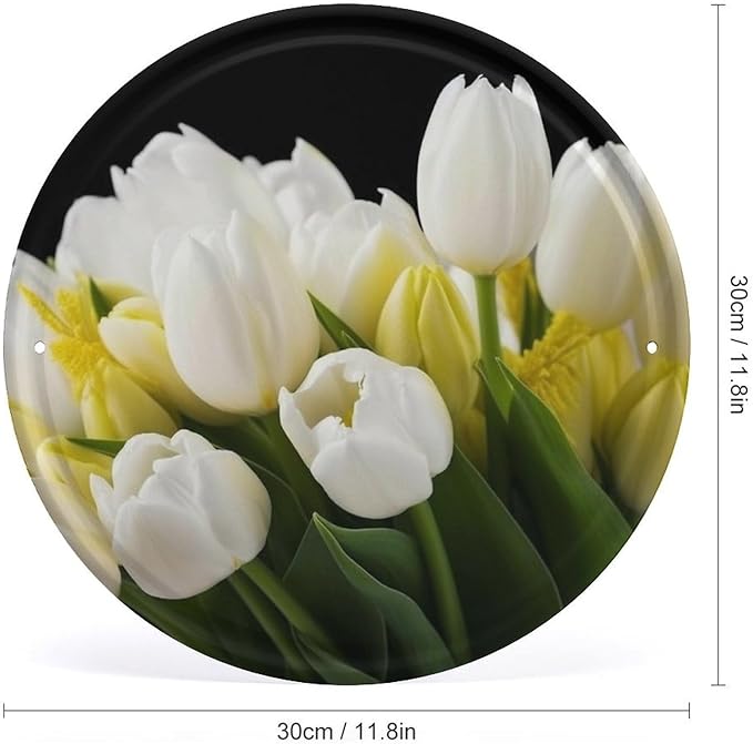 Wall Picture, with Different Flowers Printed Circular Iron Hanging Picture,Wall Art Decor,Home for Bedroom Living Room Bathroom Decor,Iron Painting 11.8X11.8 in