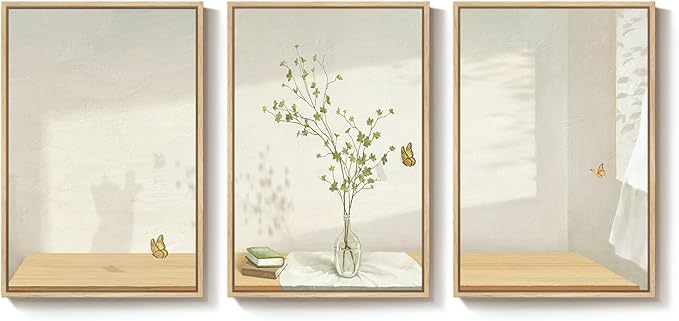Framed Botanical Neutral 3 Piece Wall Art for Living Room, Minimalist Butterfly Sunshine Canvas Artwork for Walls, Peaceful Sill Life Illustration Print Bedroom Dining Room Office Wall Decor, 16x24 In