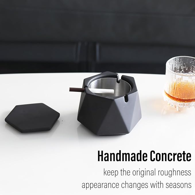 FREELOVE Concrete Ashtray with Lid & Stainless Steel Ashtrays for Cigarettes, Cement Ash Tray Smoking Holder Indoor Smokeless Outdoor Windproof Patio Home Office Cool Decor(Black, Large)