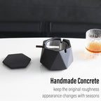 FREELOVE Concrete Ashtray with Lid & Stainless Steel Ashtrays for Cigarettes, Cement Ash Tray Smoking Holder Indoor Smokeless Outdoor Windproof Patio Home Office Cool Decor(Black, Large)