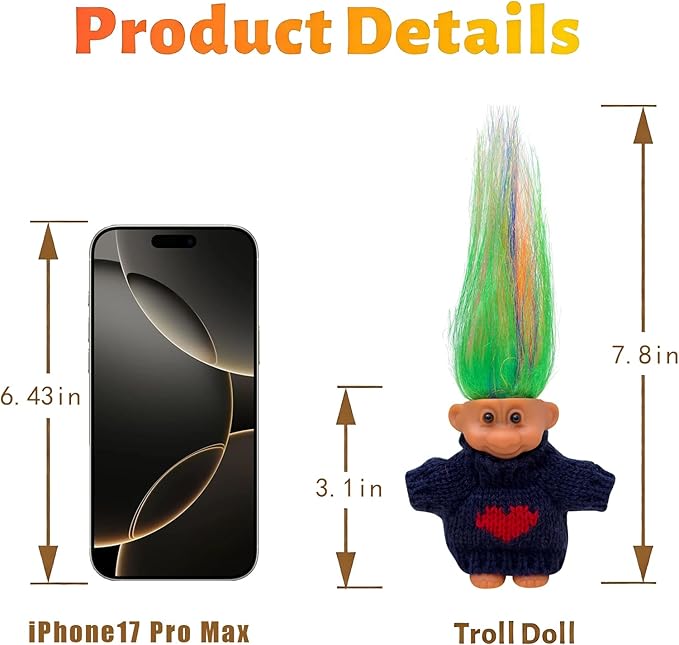 Retro Vintage Lucky Troll Dolls Assorted Hair Colors Chromatic Adorable for Collections, School Project, Arts and Crafts, Party Favors (Black)
